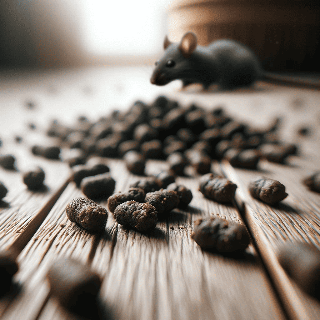 close up image of rodent droppings on a wooden floor showcasing the small dark pellet like appearance