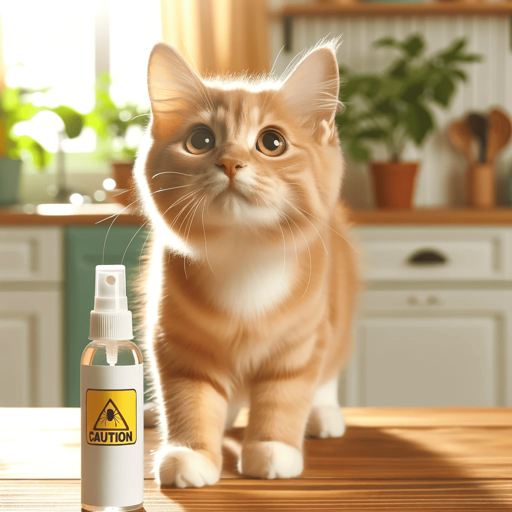 A curious orange cat sniffing a small bottle of pest control spray on a kitchen table in a bright sunny room The cat has wide inquisitive eyes an