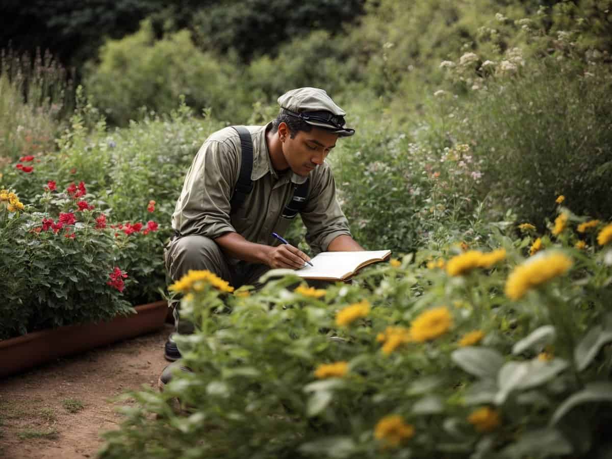 A thoughtful gardener perhaps with a notebook observing plants and insects in a garden symbolizing the careful planning and knowledge required for effective organic pest control The image conveys a sense of attentiveness and connection with nature