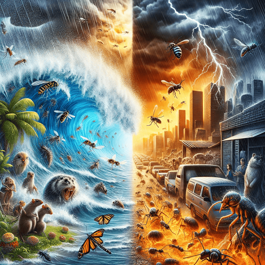 A composite image showing a series of notable weather events and their impact on pests The left side should depict a tropical storm with heavy rain