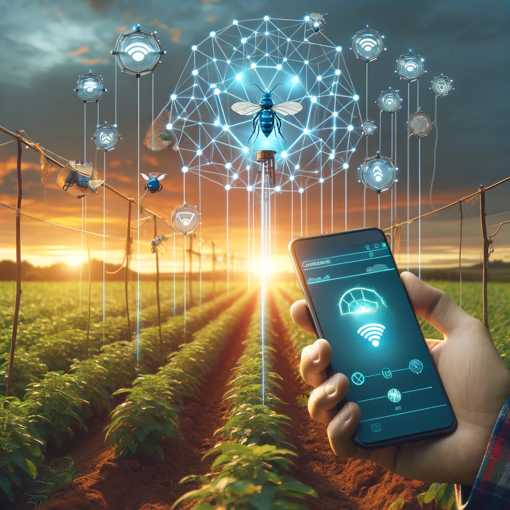 Create an image depicting smart agricultural traps in a field equipped with sensors and connected to a digital network sending real time data about