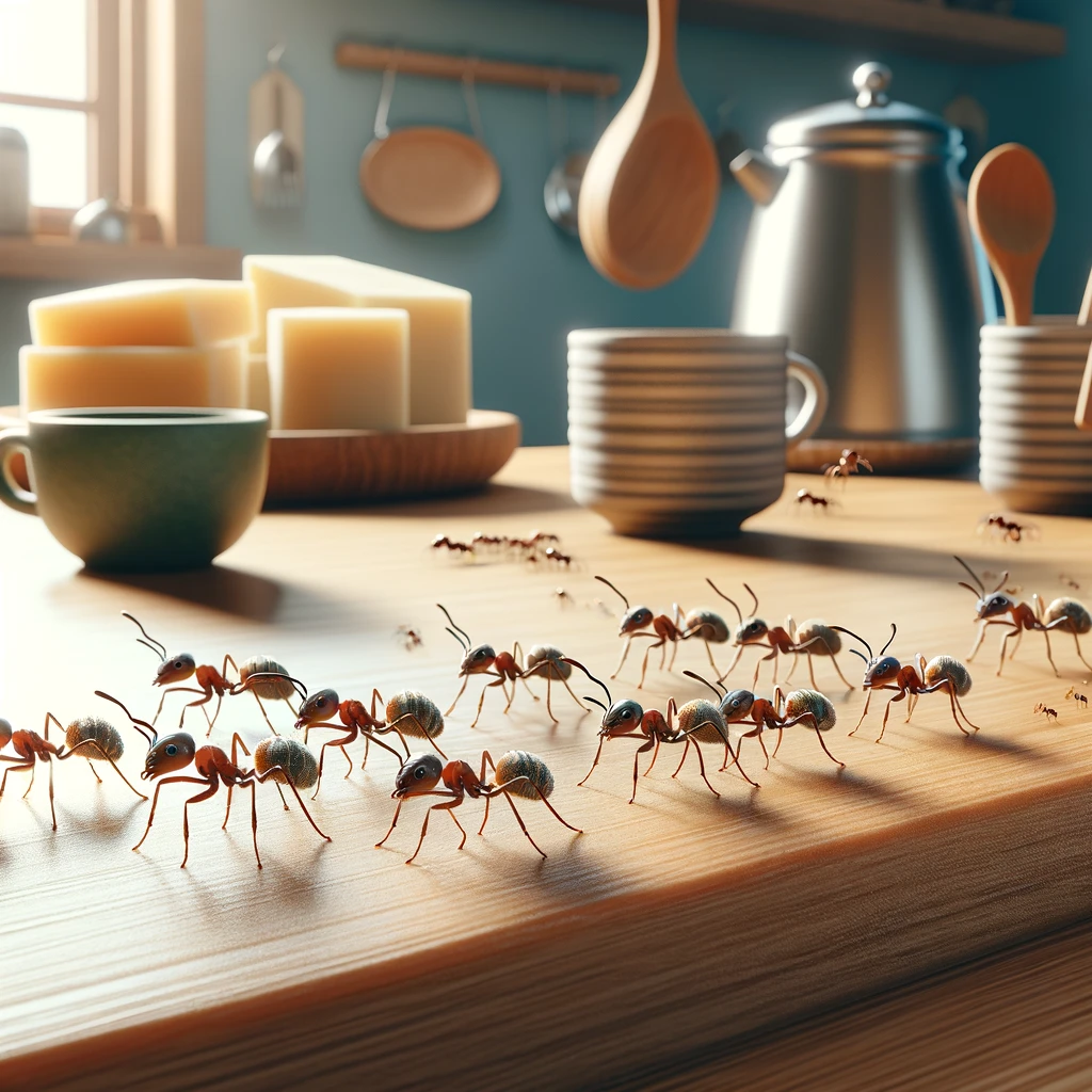 A line of ants marching across a kitchen counter to illustrate a common ant infestation scenario