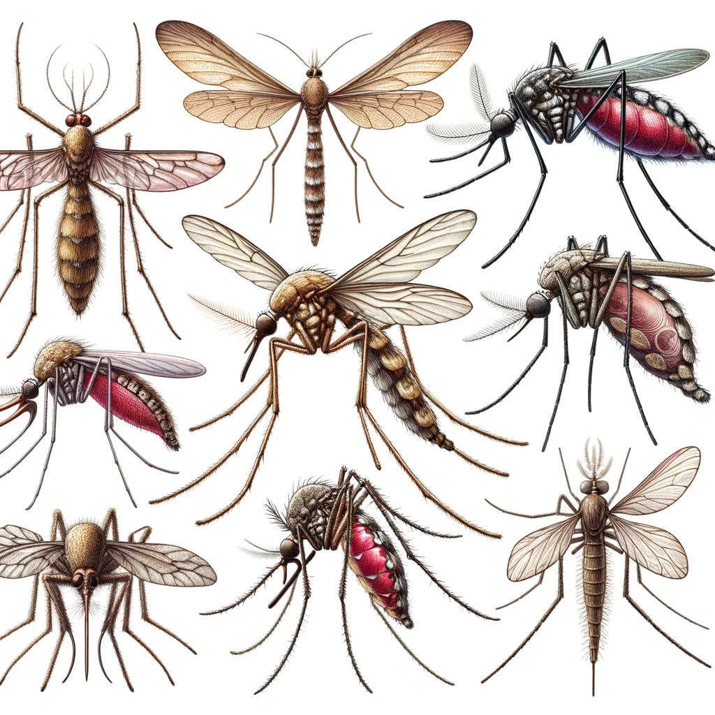 A detailed illustration of different mosquito species with visible distinctions emphasizing their unique features in a scientific but accessible style