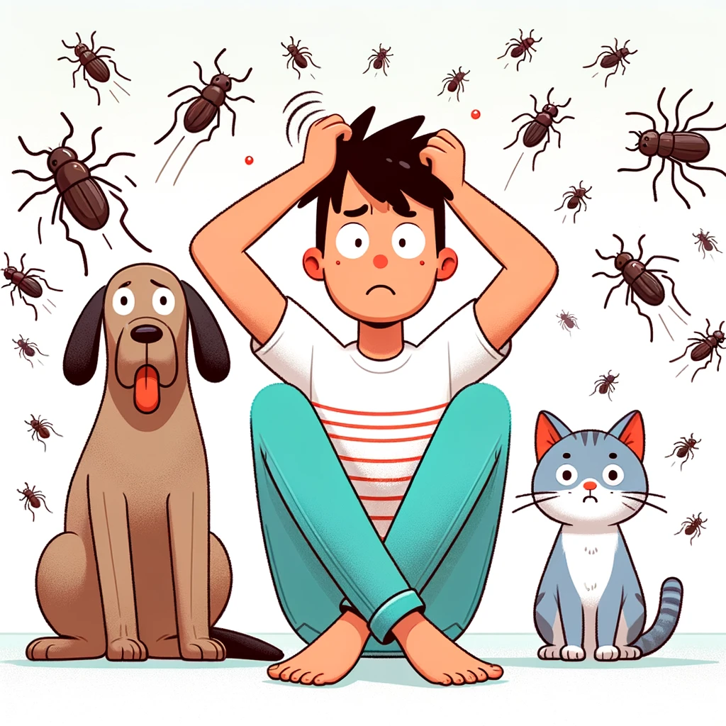 A relatable and humorous illustration of a pet owner looking frustrated while their dog and cat are surrounded by cartoonish fleas jumping around