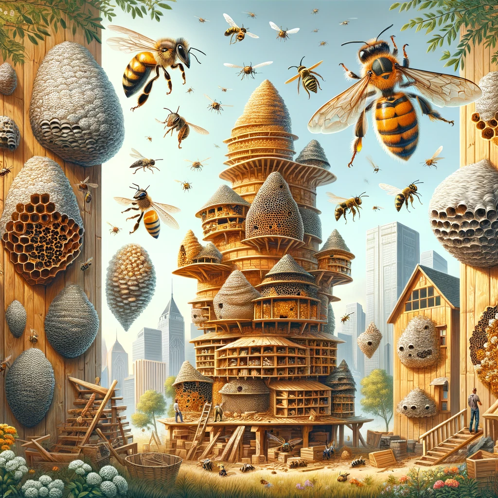 Create an image of a variety of bees and wasps around their nests in different environments to illustrate the diverse architecture of their homes