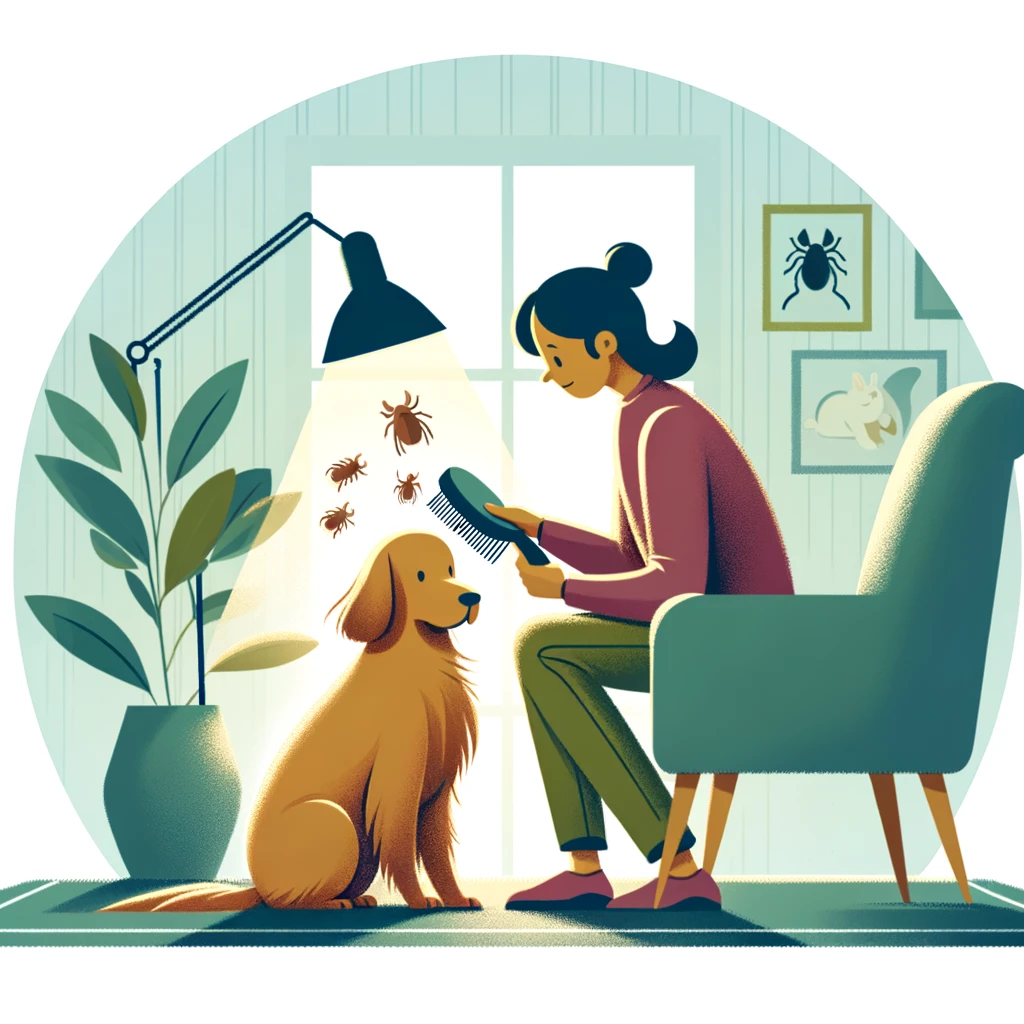 A heartwarming illustration showing a pet owner grooming their dog checking for signs of mites The setting should be in a comfortable well lit home